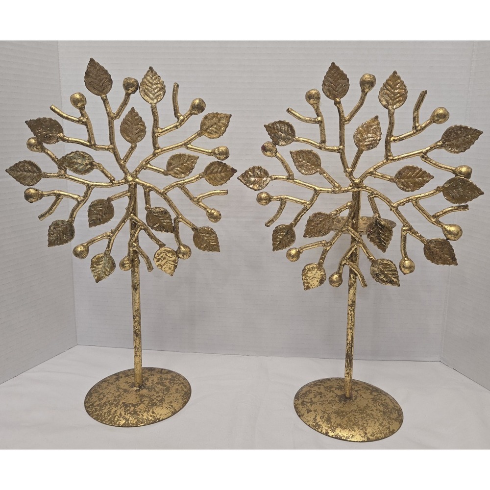 Pair of Intricate Vintage Gold‎ Metal Tree of Life Candle Holders - Read Descrip
